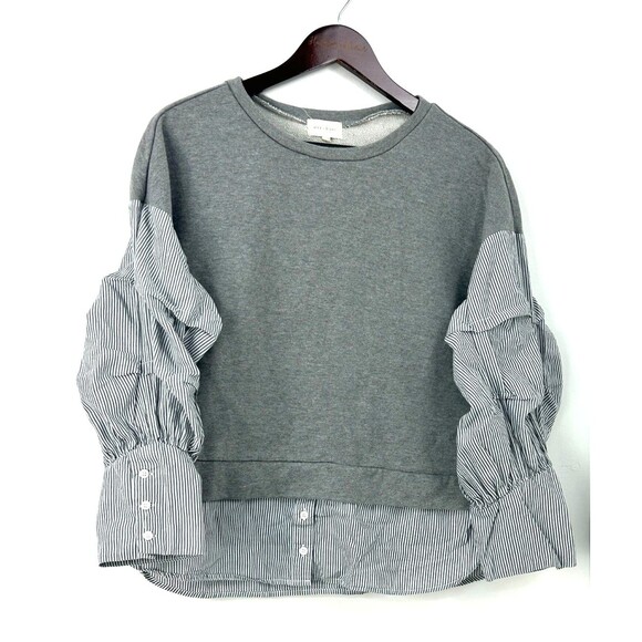 Mello Day Women Sweatshirt Heather Gray Striped Top Pleated Ruched Sz L 1167T1 - Picture 2 of 12